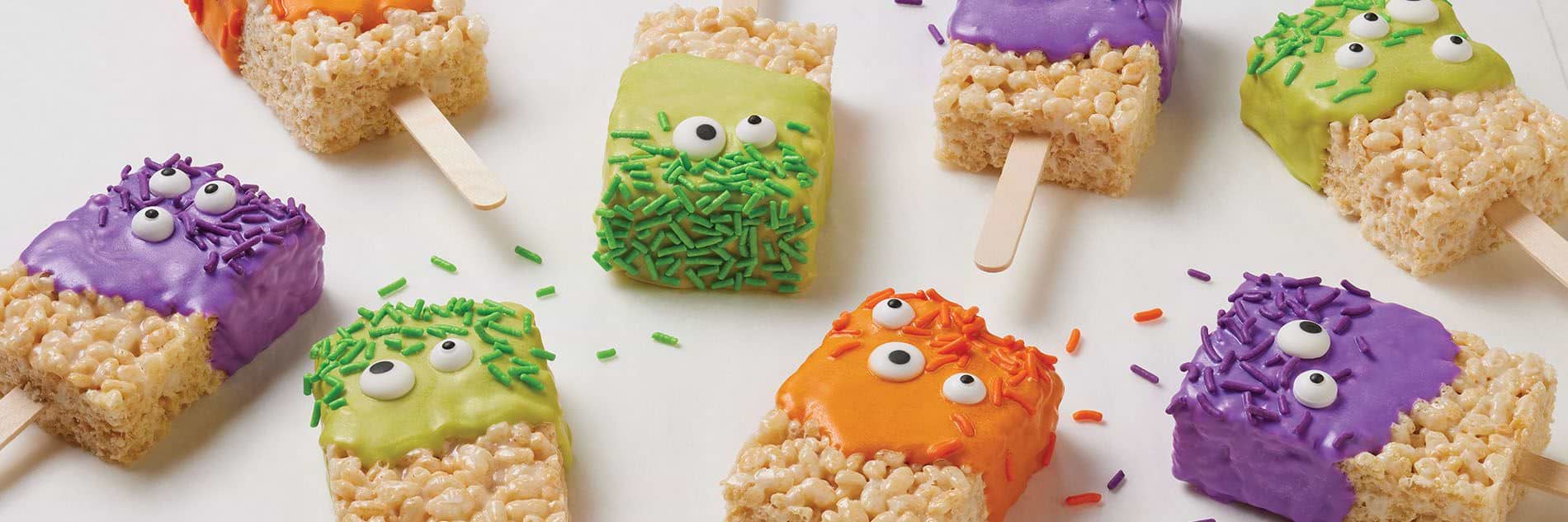 Colorful Rice Krispies Treats® dipped with edible sprinkles and eyes