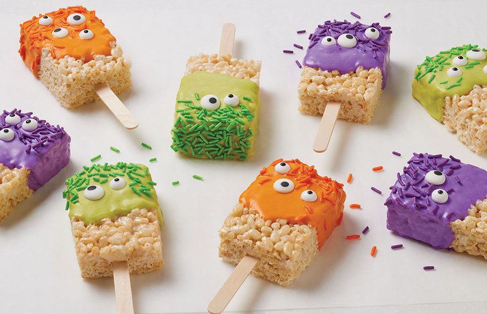 Colorful Rice Krispies Treats® monsters with edible sprinkles and eyes