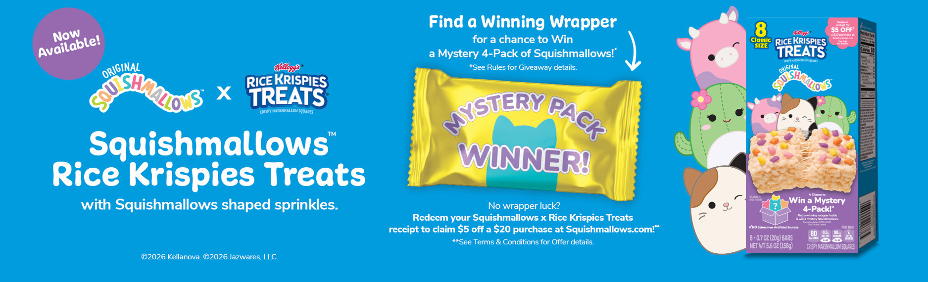 Squishmallow and Rice Krispies Treats. Find a winning wrapper for a chace to win a mystery 4-pack of Squishmallows. 